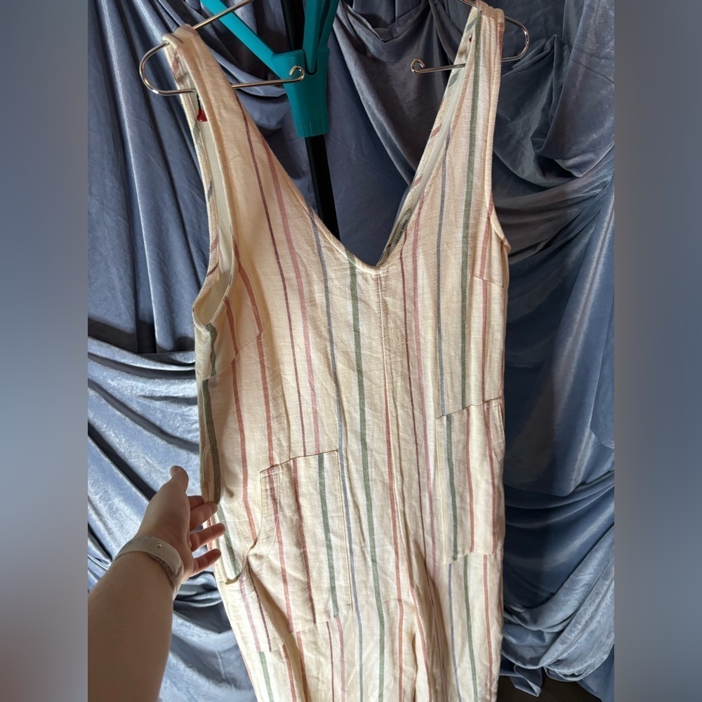 American Eagle 100% cotton/ linen cream striped sleeveless jumpsuit size XS - Picture 4 of 8